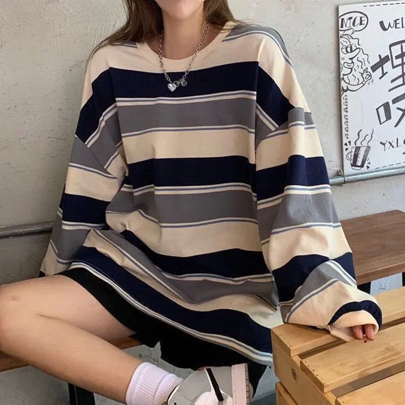 autumn Hoodies Striped Oversized Sweatshirt Women Harajuku P