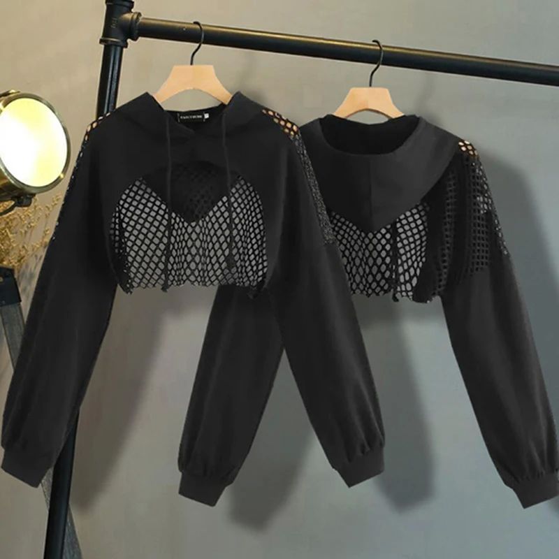 Crop Sweatshirt Mesh Patchwork Hoodies Sweatshirts Women Har-封面