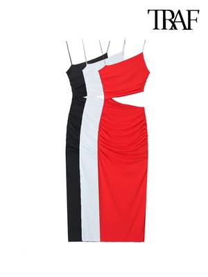 Women Fashion With Gathered Hollow Out Midi Dress Sexy Asymm