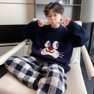 男童加绒珊瑚绒睡衣秋冬季家居服