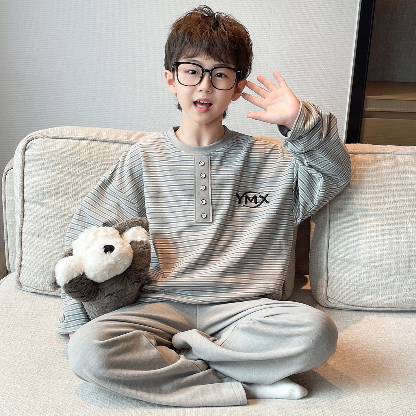 男童条纹保暖家居服套装儿童秋冬长袖德绒磨毛休闲睡衣加厚秋衣裤