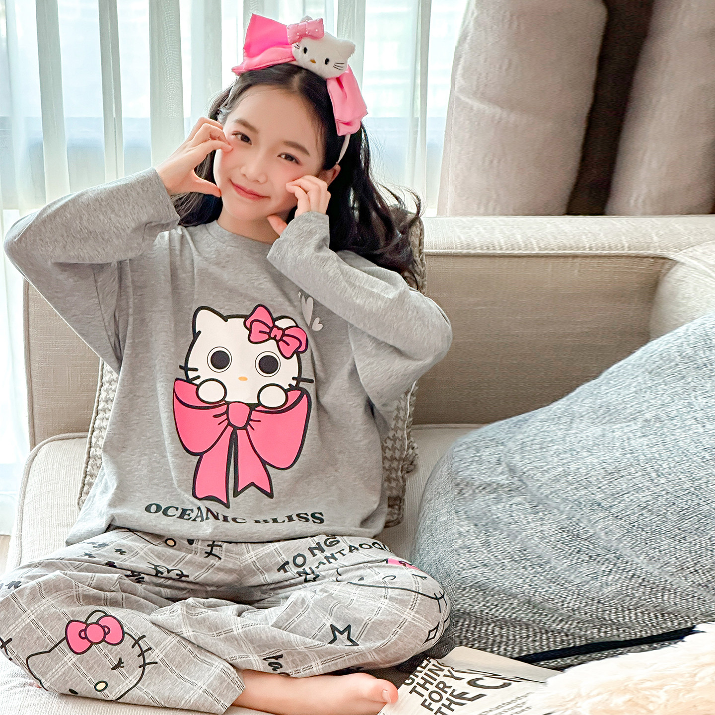 女童HelloKitty卡通睡衣2026新款长袖长裤家居服套装可外穿空调服,童装/婴儿装/亲子装,家居服套装,淘宝优惠券,粉丝福利购,淘宝优惠卷