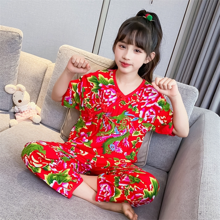 女童睡衣夏季短袖东北大花套装空调服儿童棉绸家居服女孩衣服童装