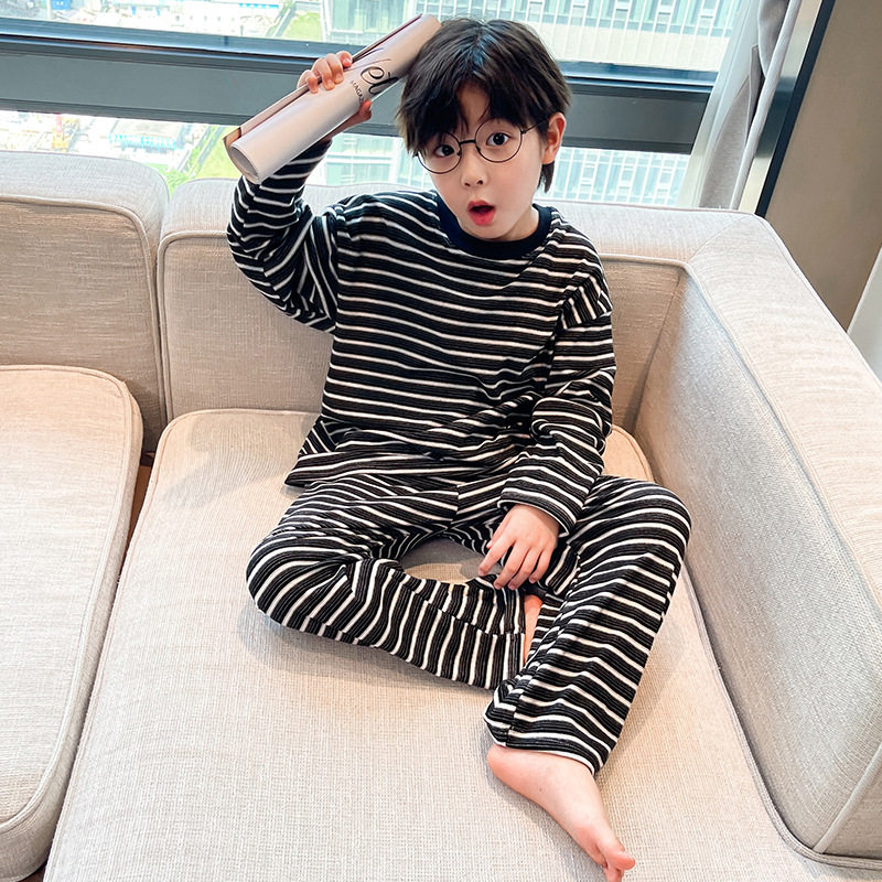 男童德绒睡衣秋冬装大中童3-14岁宽松休闲条纹家居服套装宝宝童装