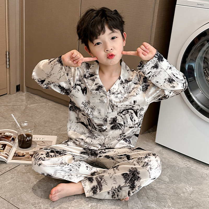 男童冰丝休闲春秋水墨家居服套装