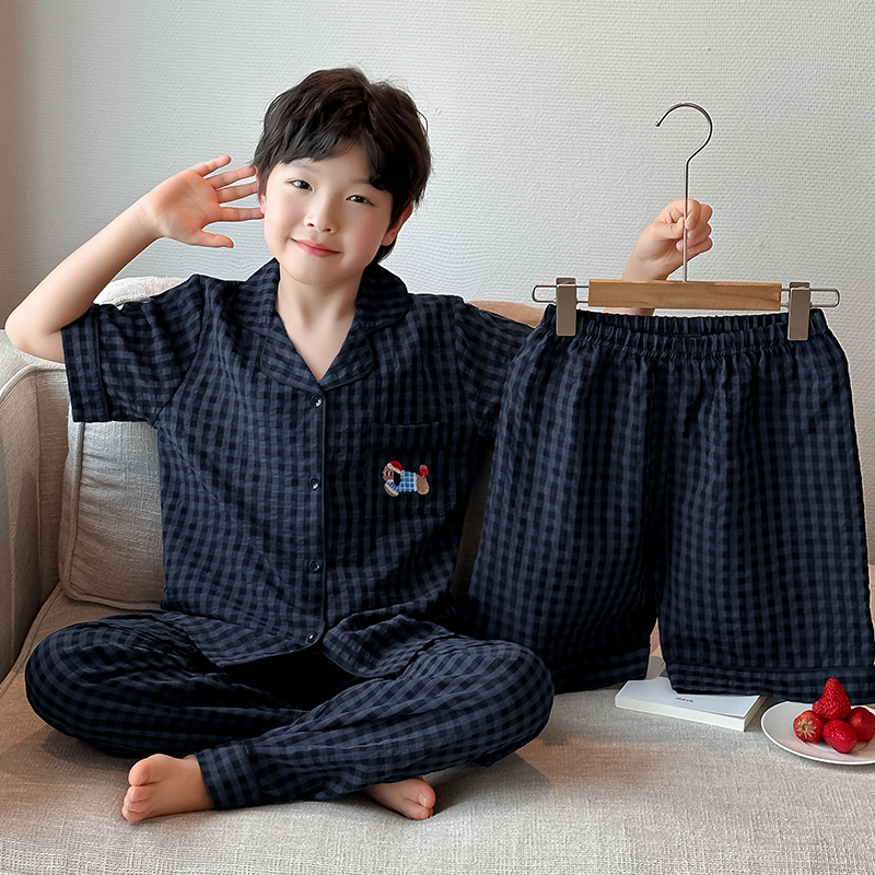 男童睡衣套装中大童短袖短裤家居服三件套大童小男孩休闲空调服潮