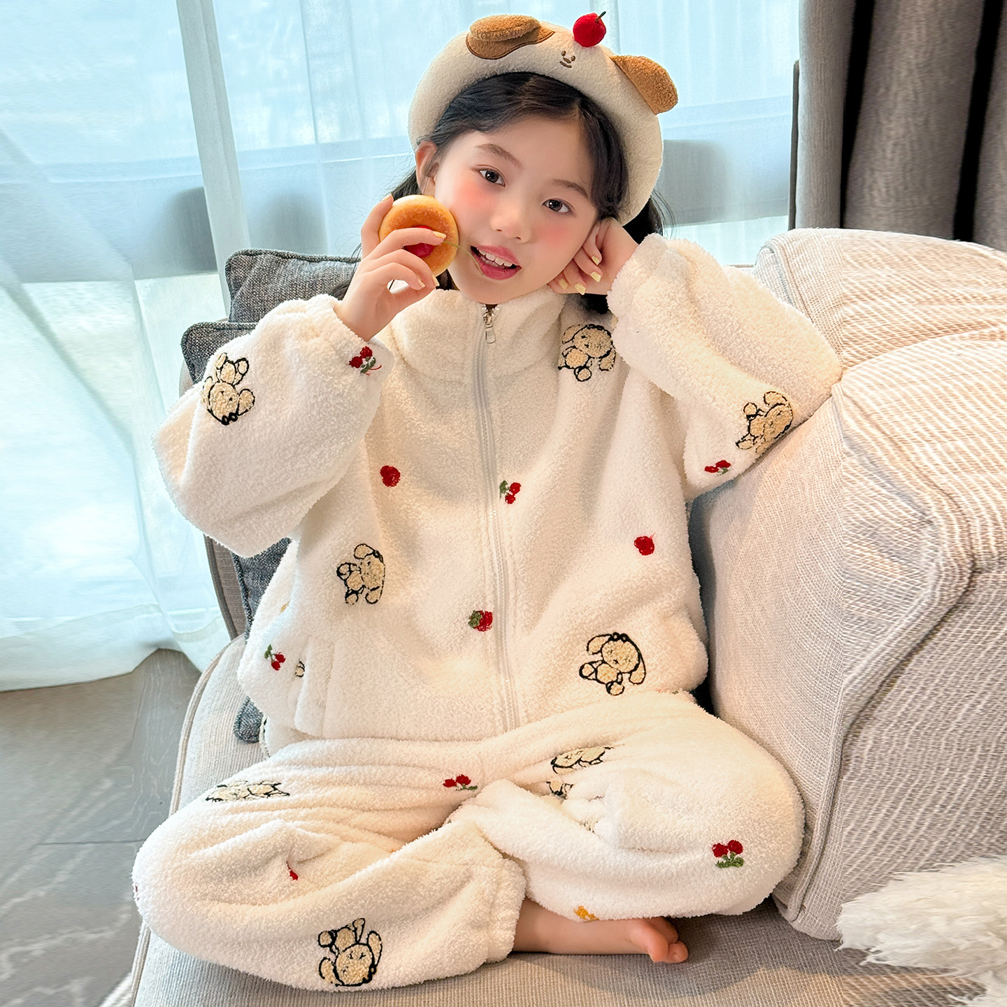 女大童珊瑚绒家居服套装拉链睡衣