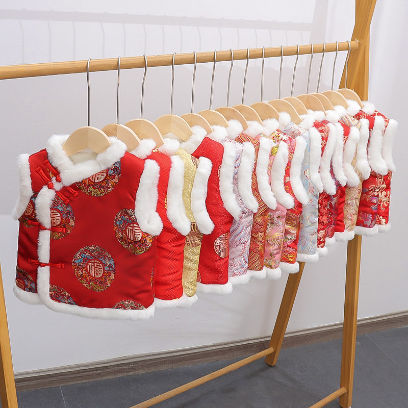 儿童中国风绸缎冬季唐装加厚马甲