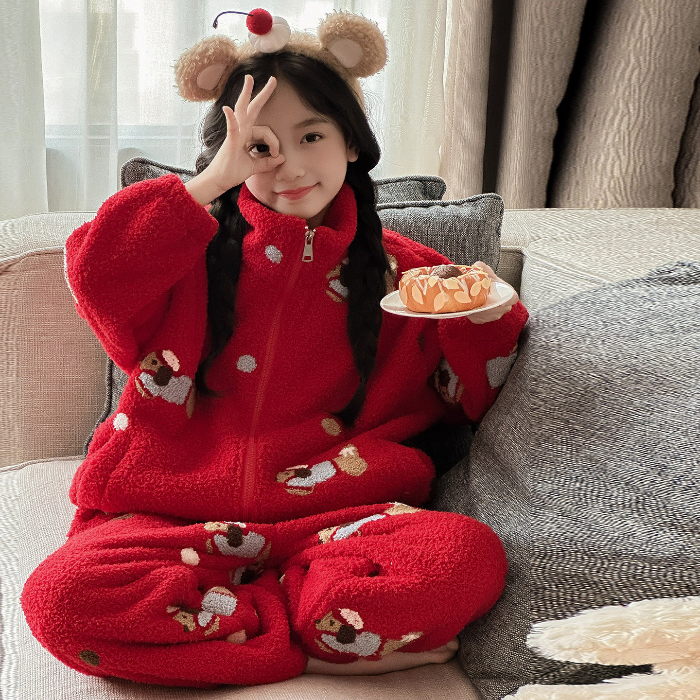 女大童珊瑚绒睡衣套装红色家居服