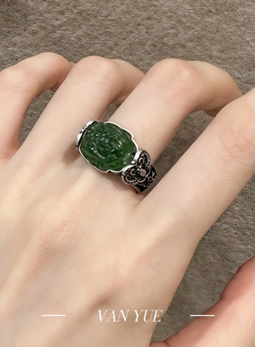 足银和田玉牡丹蝴蝶做旧戒指13-20可调节女款小众复古民族新中式