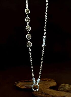 s925纯银藏式复古国风五路财神吊坠万能链百搭项链男女款毛衣链