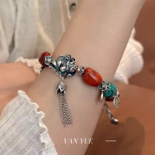 S925银不规则南红松石蝴蝶扣狮子祥云牡丹花手链diy项链