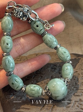 S925银醒狮扣头扎基吊牌翡翠苹果珠翡翠镂空铜钱桶珠手链多样性发