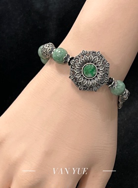 S925银天然翡翠手链新中式镂空雕花圆盘复古竹节蝴蝶国风玉石手链