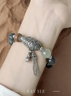 S925纯银手工银烟紫和田玉莲花筒流苏手链做旧招财纳福 好运连连