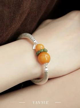 S925银蜜蜡碧玉弯管金珀龟甲圆珠手链多样性发 约14.5+5CM
