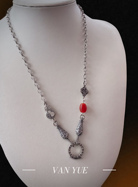 S925纯银毛衣项链 复古挂件葫芦玛瑙配链 万能扣头链子小众设计