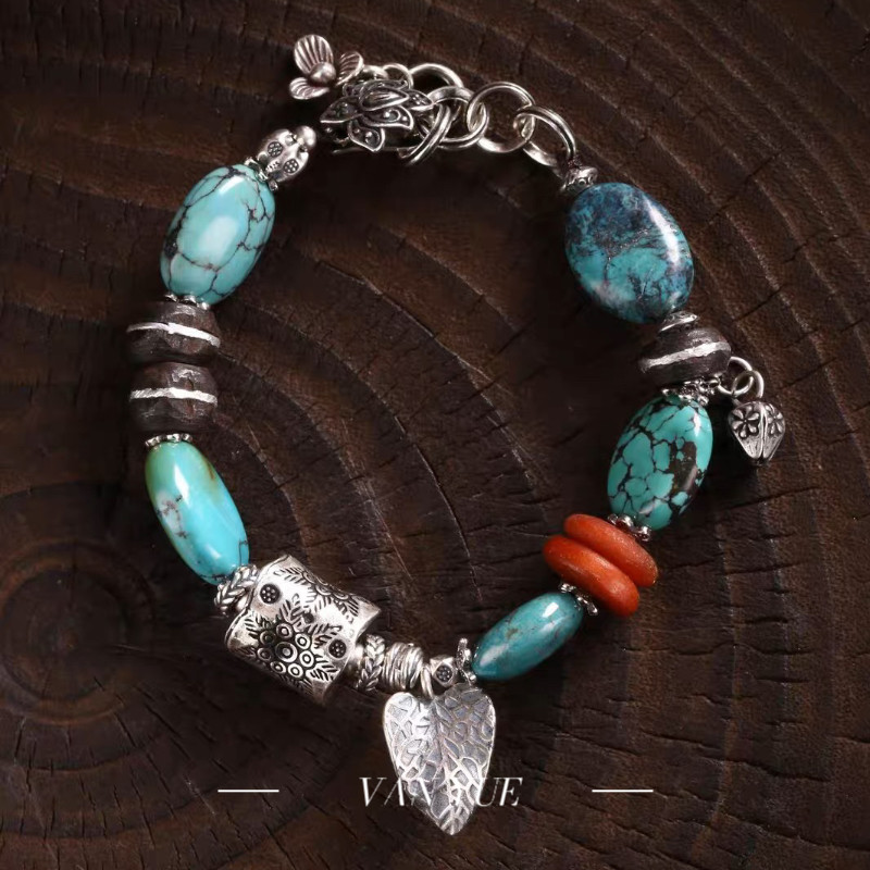 S925银随型绿松石蜜蜡黑檀木三瓣花尾坠手链百搭 多样性