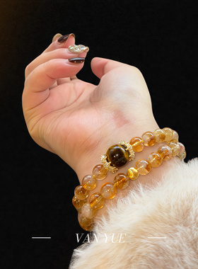 原创天然黄虎眼石黄阿塞金珠手链女款轻奢小众精致手串饰品礼物