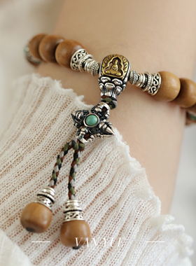 S925银老山檀五条经文珠无相佛莲花座三通手串女新中式设计