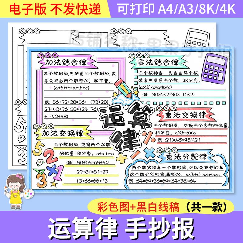 运算律手抄报模板电子版小学数学四年级下册第三单元运算规律线稿
