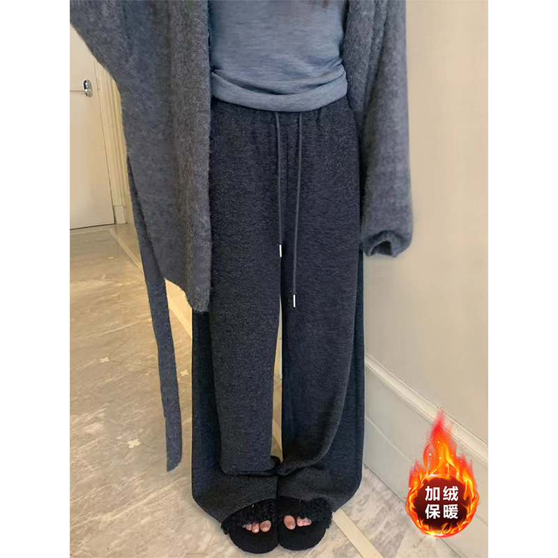 灰色磨毛舒适松弛感虚线长裤女