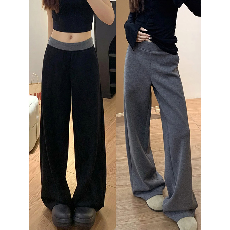 拼接撞色阔腿裤女韩版春秋运动裤低腰直筒裤拖地低腰加长针织裤子