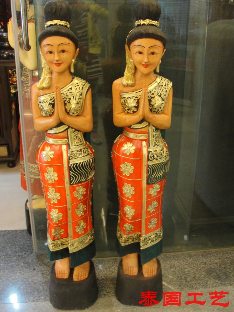 泰国工艺品家装饰品实木人物摆件手工雕刻迎宾女莎瓦蒂高130cm