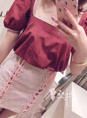 【洋气H2】日系少女风法式系列公主泡泡袖方领红格上衣衬衫女格子