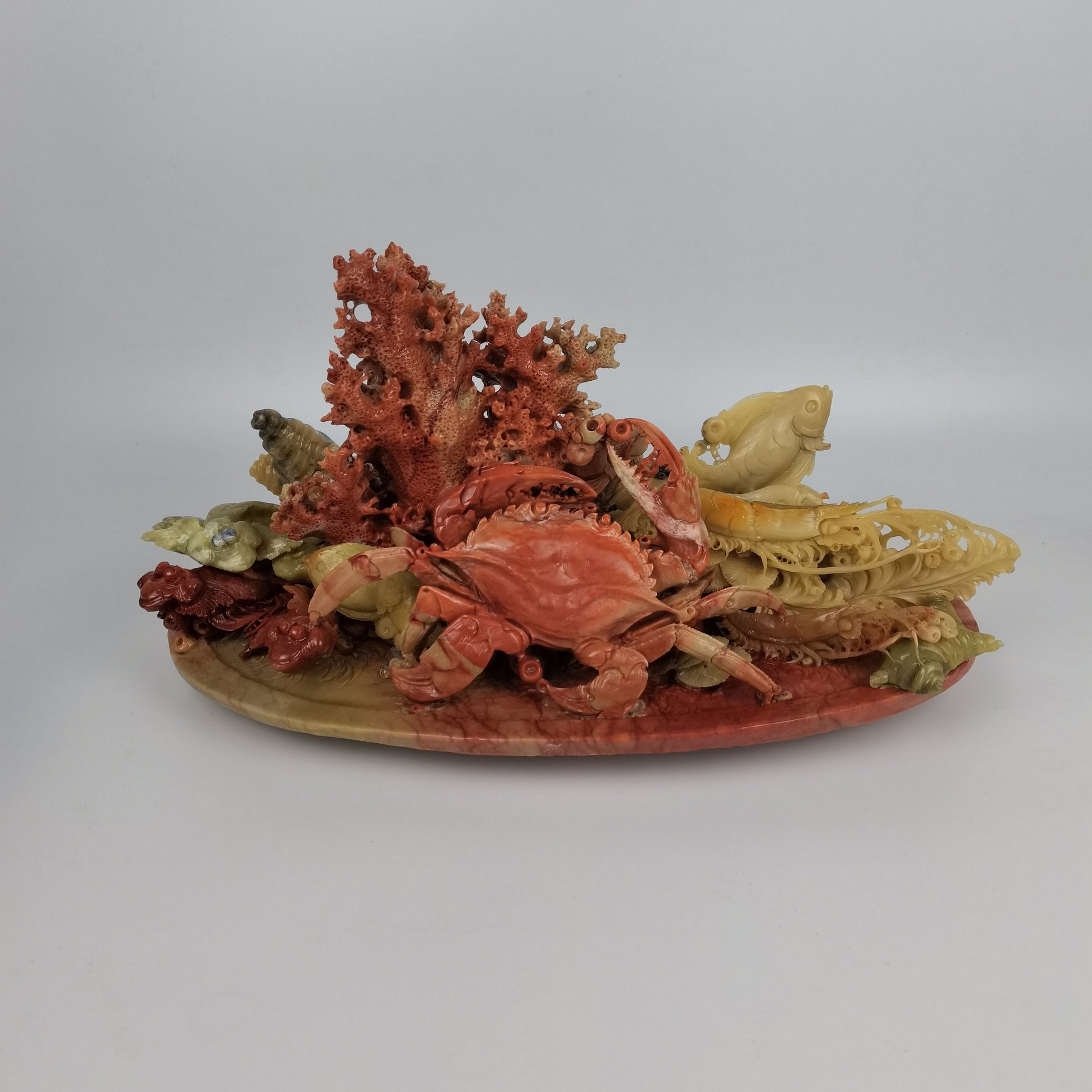 海鲜大盘青田石雕摆件客厅酒店饕餮盛宴精美天然手工艺品厂地直销