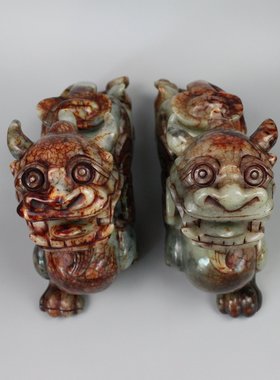 一对貔貅天然岫玉复古风客厅