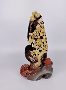 牡丹小鸟天然摆件手工艺术品