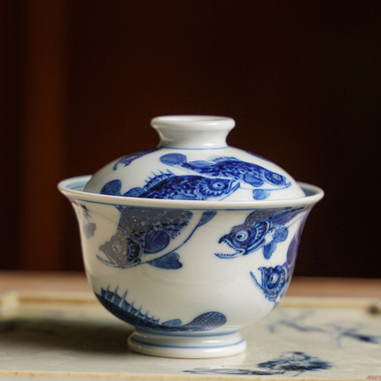 非小雅景德镇手绘青花鳜鱼两才盖碗 精品高档品茗杯普洱盖碗茶具