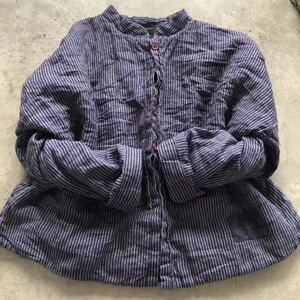 定制款  浅冬手工缝制文艺亚麻条纹宽松夹棉外套棉服