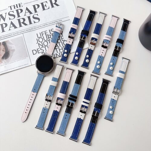 适用华为牛仔布拼皮质细款手表带