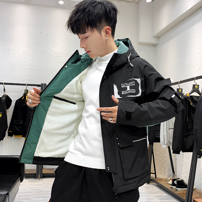 Men's coat autumn and winter new fashion hooded Plush work jacket men's warm windbreaker