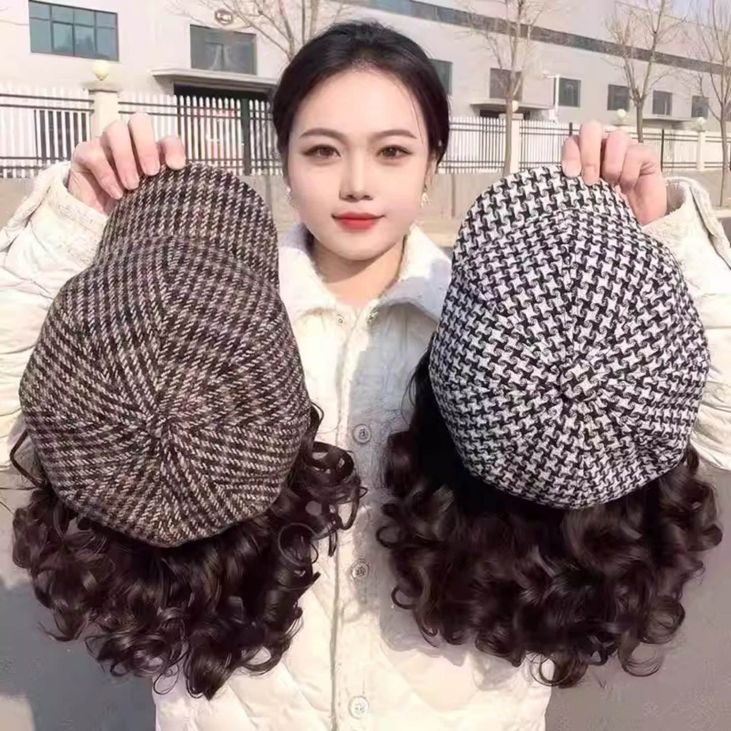 帽子假发秋冬新款妈妈发短卷发千鸟八角帽洋气慵懒百搭气质头套,美发护发/假发,帽子假发,淘宝优惠券,粉丝福利购,淘宝优惠卷