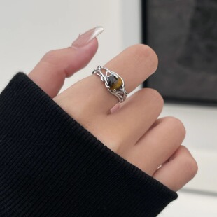 【ANSS】925纯银黄虎眼石开口戒指女 小众设计感个性异形镂空指环