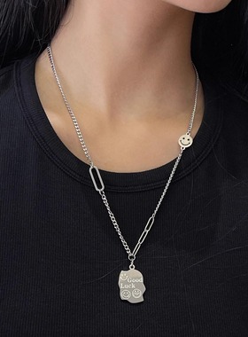 【ANSS】长款链条拼接goodlucky字母表情包吊坠项链女 锁骨链男潮