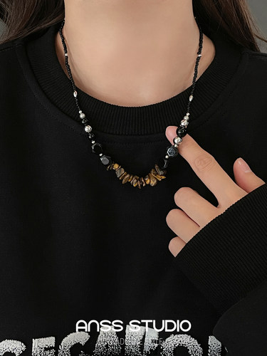 黑玛瑙串珠拼接美拉德碎石项链女