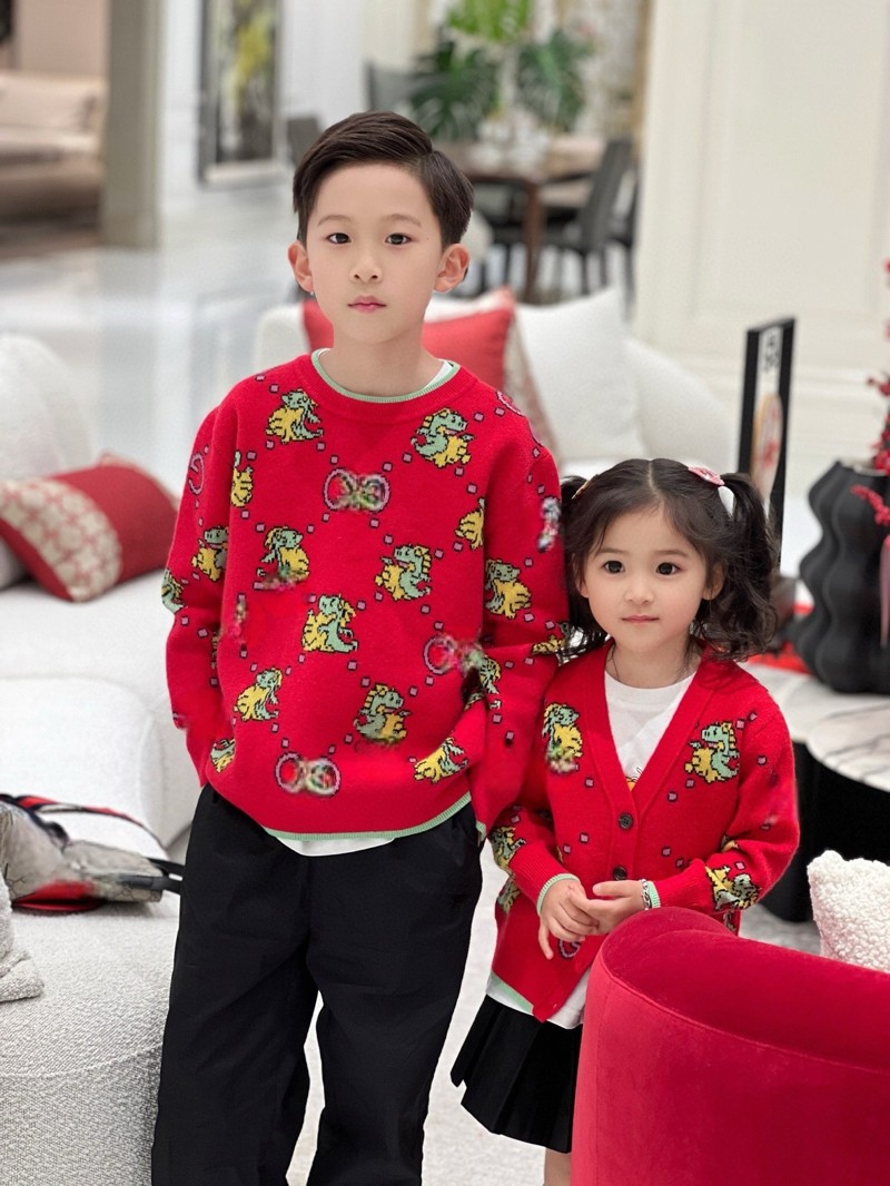 现货2025儿童毛衣男童女童卡通复古字母小龙提花喜庆红色新年装潮