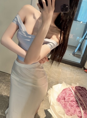 原创雾霾蓝一字肩绷带弹力上衣内搭短款