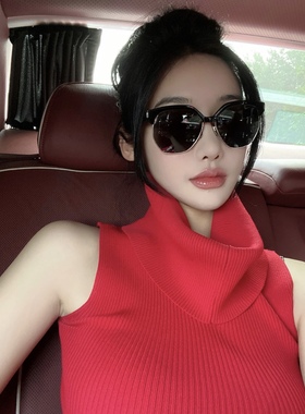 超正红色～网红露肩螺纹高领无袖针织打底背心针织衫上衣女