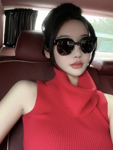 超正红色～网红露肩螺纹高领无袖针织打底背心针织衫上衣女