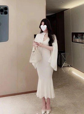 三色/吊带鱼尾裙V领收腰显瘦包臀开叉内搭打底针织连衣裙女