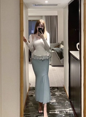 春秋白色螺纹棉针织外套女慵懒开衫吊带+不规则鱼尾摆包臀裙长裙