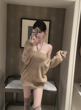 *暖调焙茶* yjy挂脖羊绒羊毛舒服大U领罩衫挂脖背心毛衣两件套