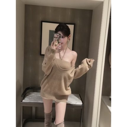 *暖调焙茶* yjy挂脖羊绒羊毛舒服大U领罩衫挂脖背心毛衣两件套