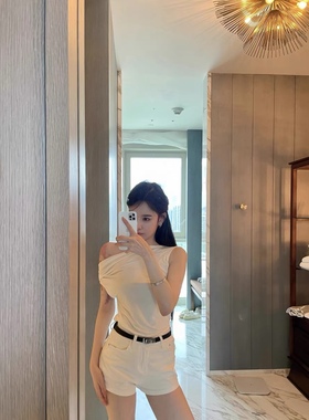 花珊珊同款夏季休闲少女气质高腰白色牛仔短裤热裤皮带套装