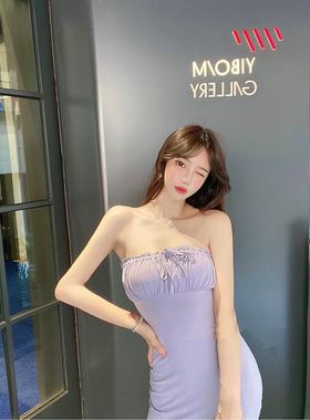 网红同款偷心直男斩芋紫色抹胸修身包臀性感连衣裙2020夏季新款女